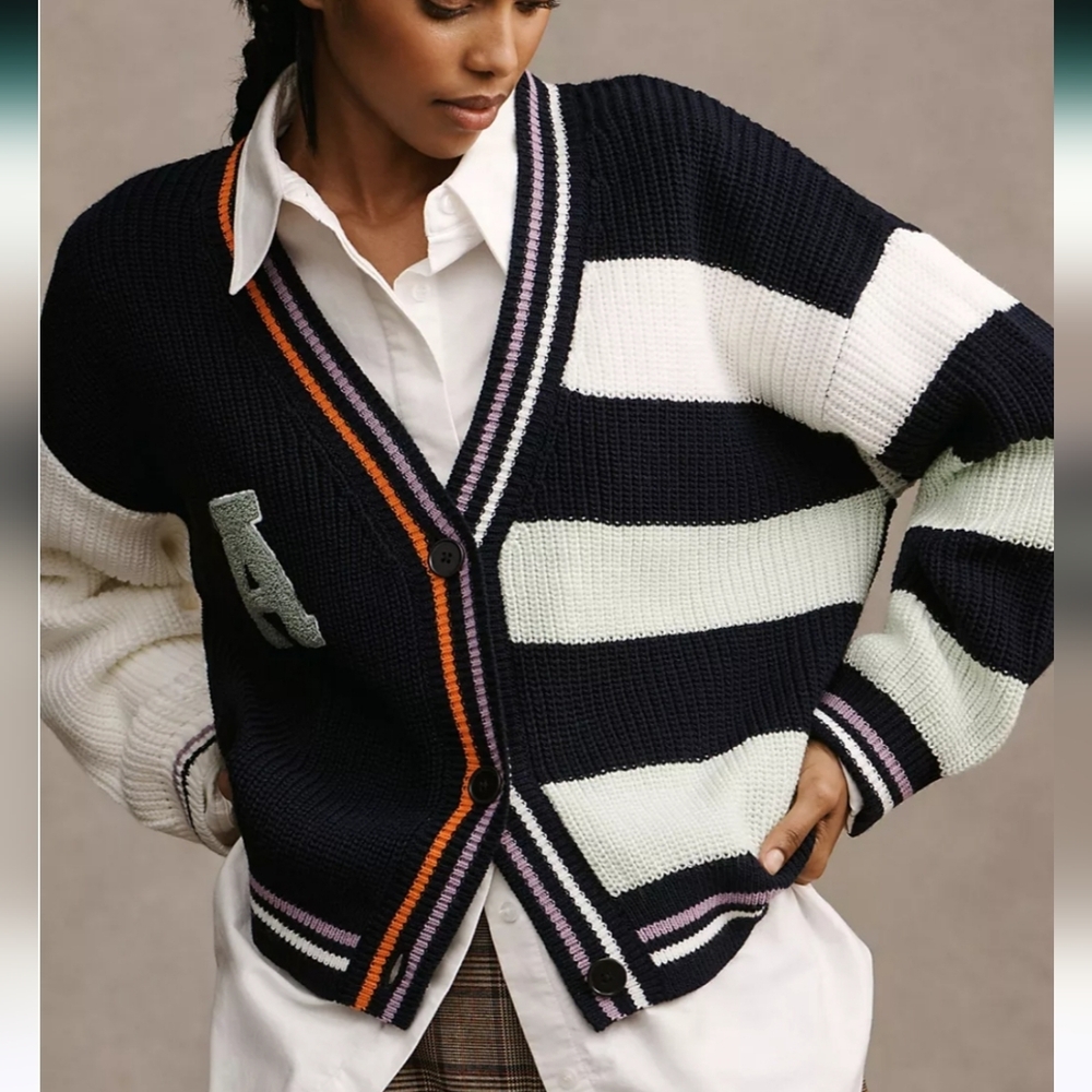 Anthropologie Navy White Striped Chunky Cardigan with Accent Trim